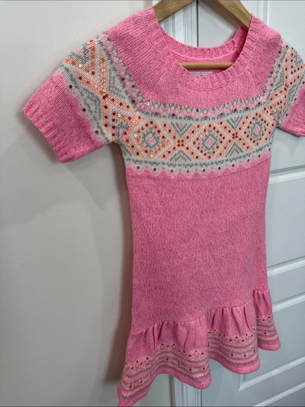 Justice Girls Sweater Dress Pink w/Rose Gold Sequins Short Sleeve, size 10